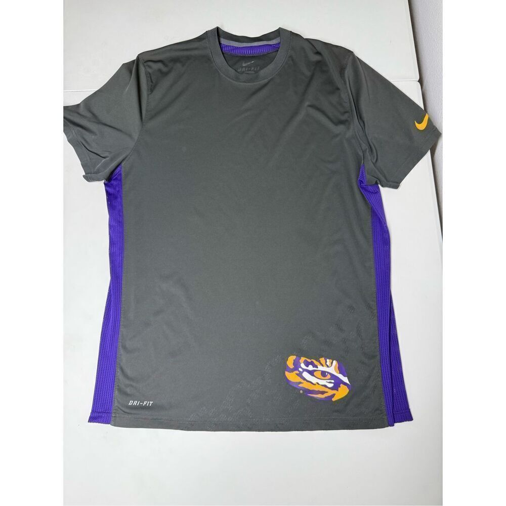 LSU Tigers Nike Dri-Fit Short Sleeve Gray Purple T-Shirt Men's Sz L Athletic Cut